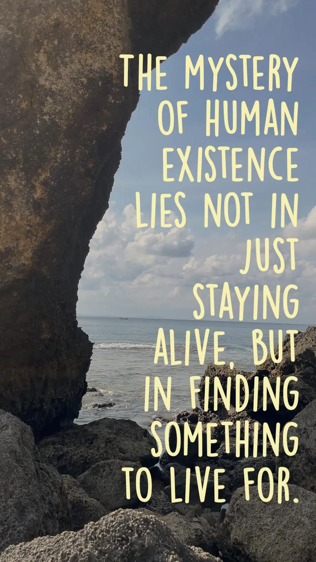 a rock with a quote on it that says, the mystery of human experience lies not in just staying alive but something to live for