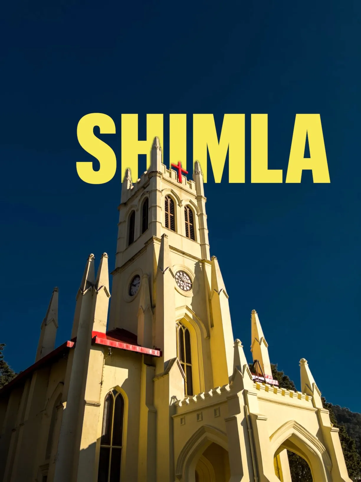 the words shimla are in front of a church with a clock on it