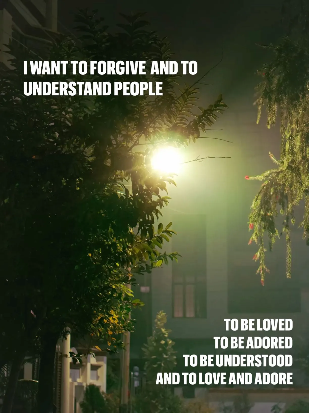 a light shines brightly in the dark with words above it that read, i want to forgive and to understand people