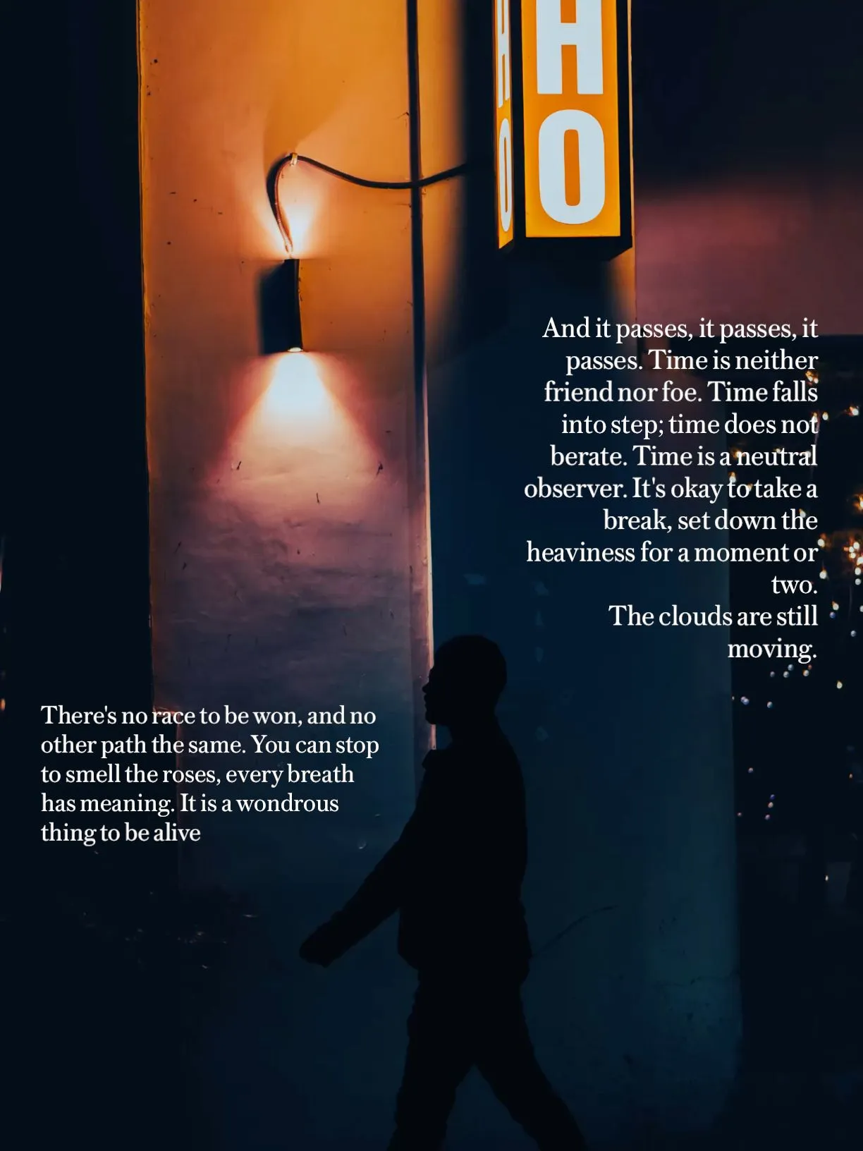 a man walking down the street in front of a building with a sign that says ho
