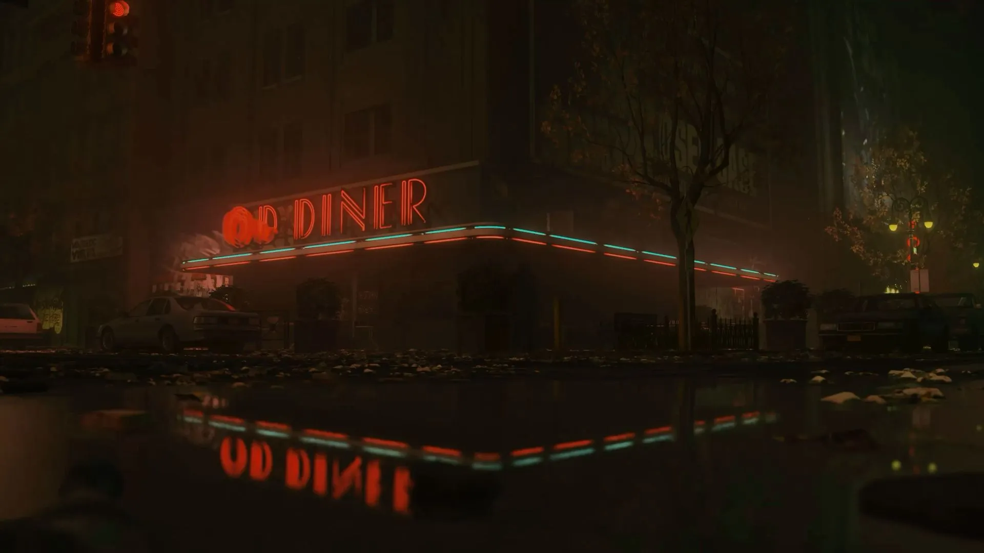 an image of a diner that is lit up in the dark at night with neon lights
