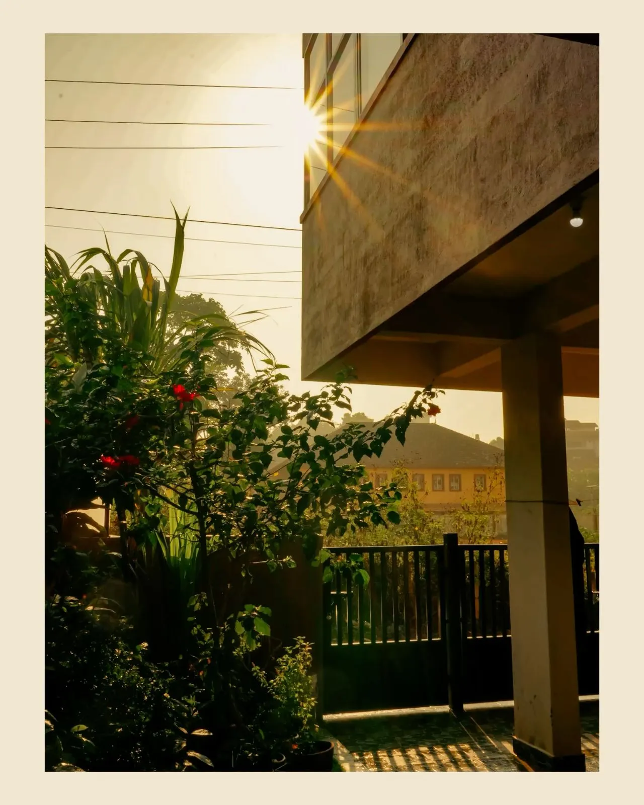 the sun shines brightly over a house and garden