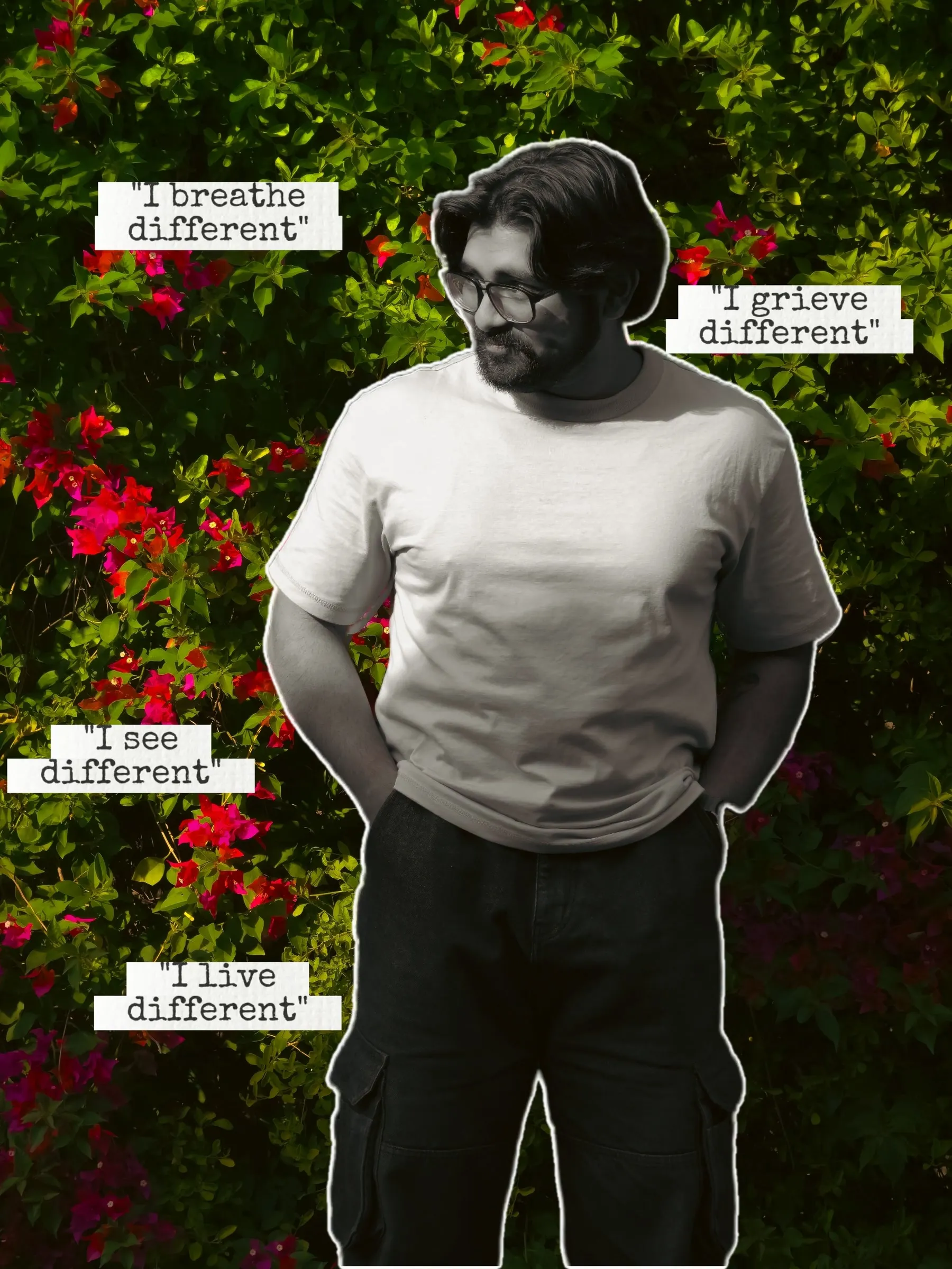 a man is standing in front of flowers with words on it that say i have different types of people