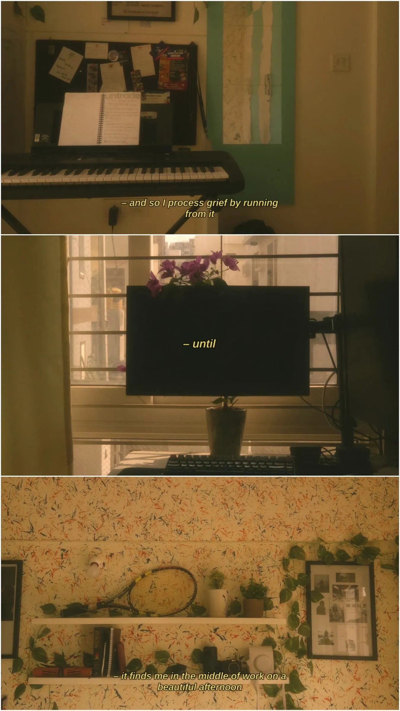 three different images of a living room with flowers on the window sill and piano in the background