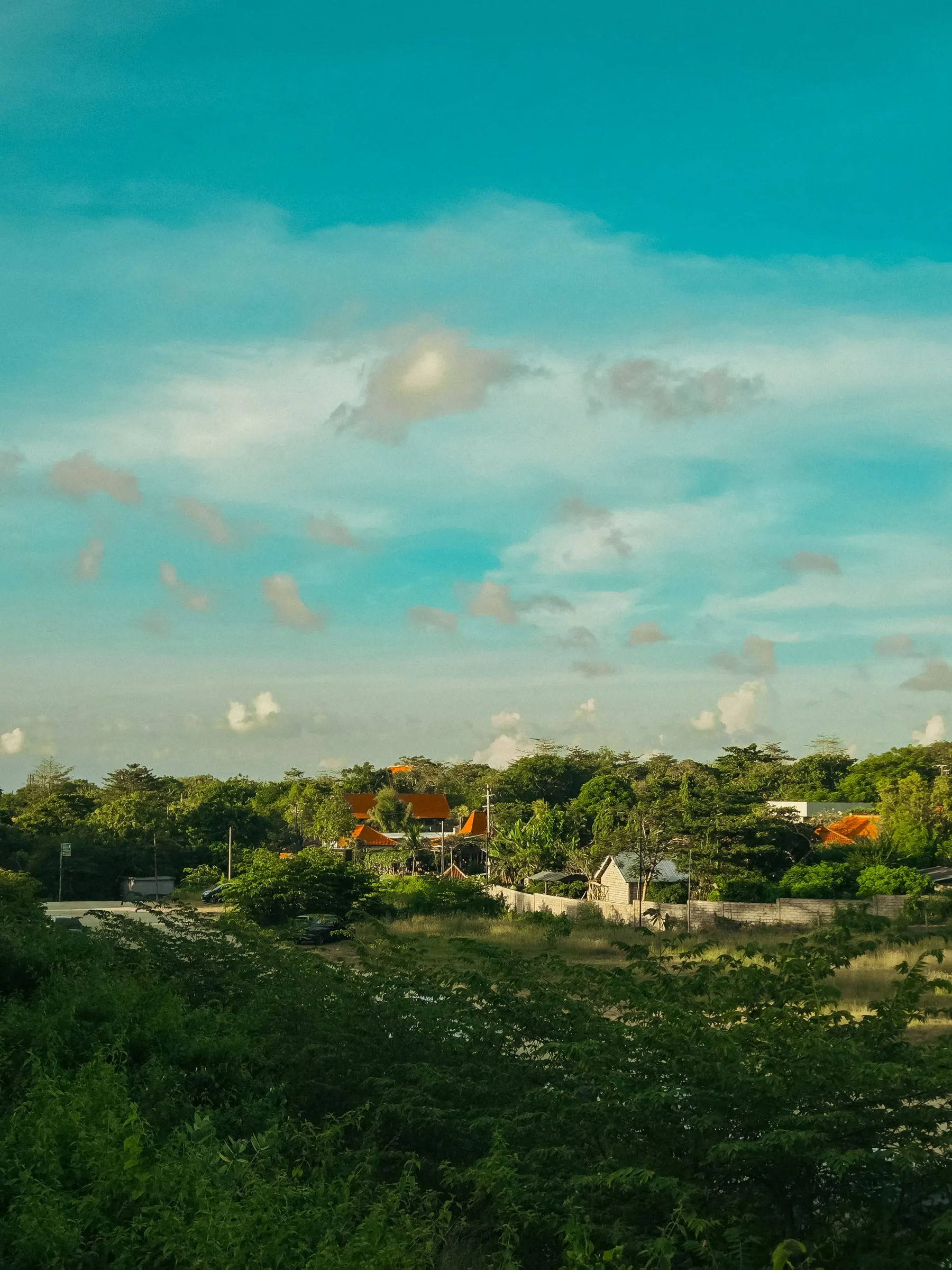 an airplane is flying over the trees and houses in the distance on a sunny day