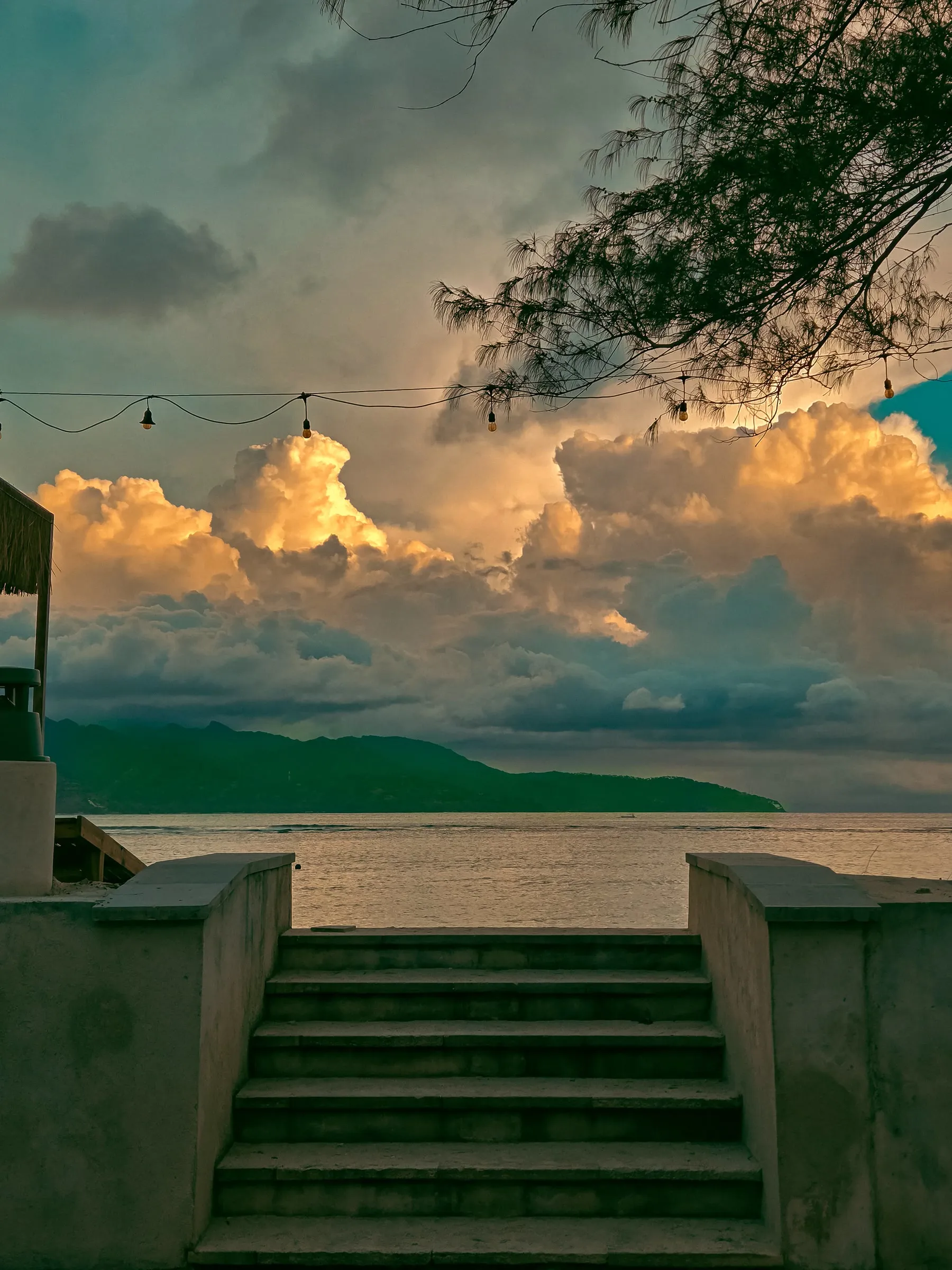the stairs lead down to an ocean with clouds in the sky over it and trees on either side